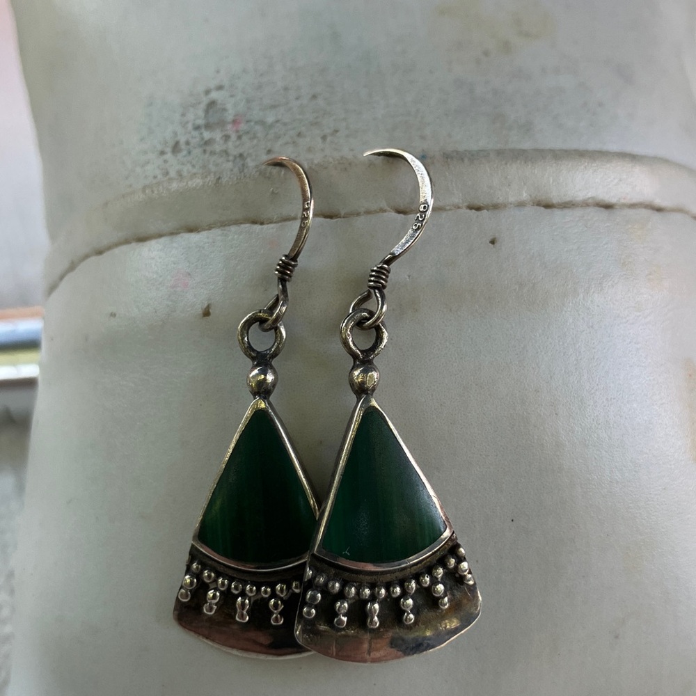 Vintage Silver and Malachite Teardrop Dangle Earrings - Picture 2 of 7